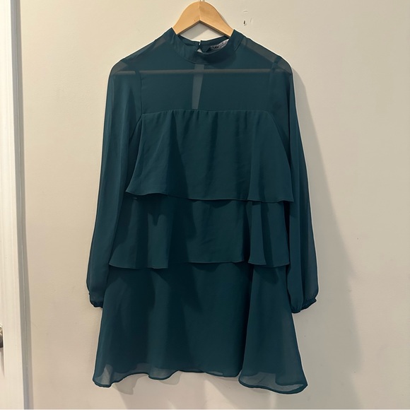 Zara Emerald Bottle Green Chiffon Tiered Ruffle Mini Size XS Dress - Picture 5 of 14